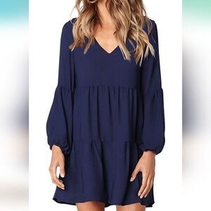 Cosonsen Swing Shift Long Sleeve V Neck Tunic Dress